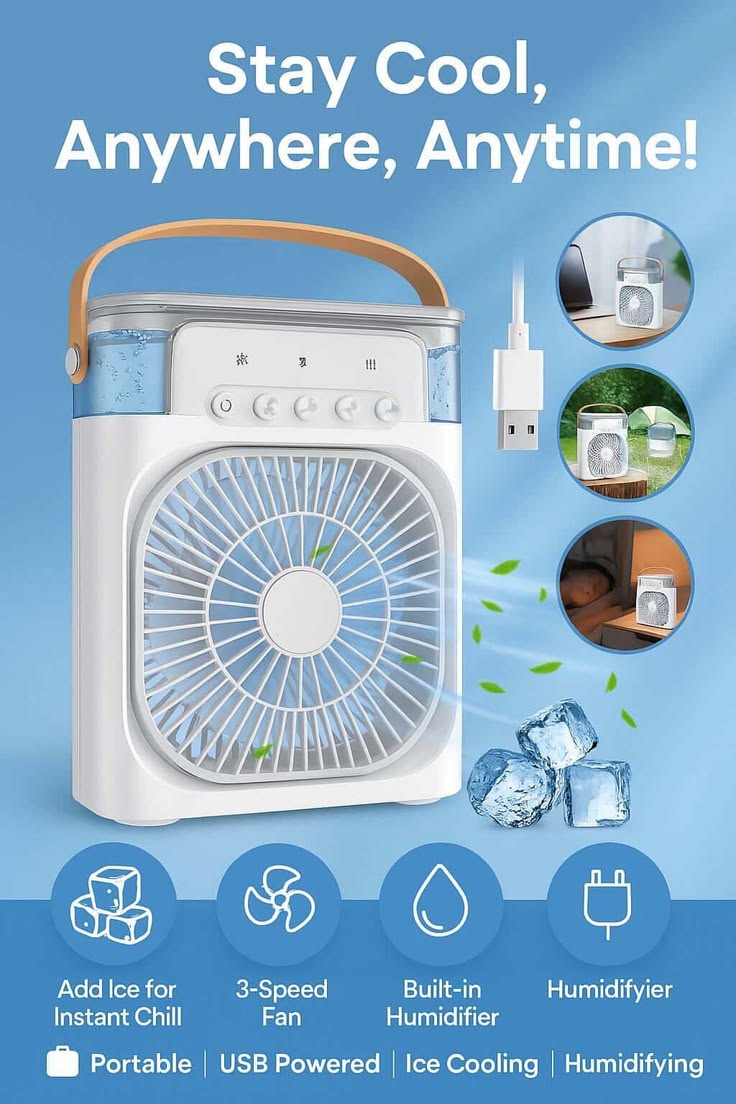 ❄️ Portable Mini Air Cooler Fan with LED Light | USB Rechargeable Humidifier & Personal Cooling Fan